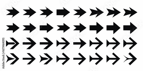 Collection of diverse black arrow shapes pointing to the right on a white background