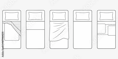 Illustration of five different bed making styles from top view including a made bed with a duvet and a bed with a sheet