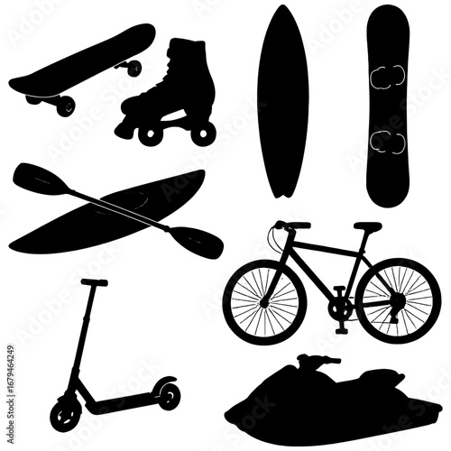 Silhouette compilation of recreational equipment including boards and watercrafts and wheeled items