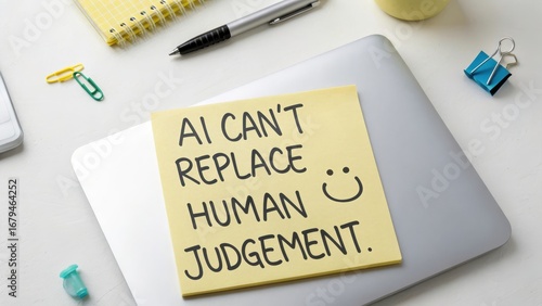 AI Can’t Replace Human Judgment Quote on Sticky Note on Laptop