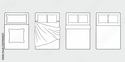 Four top down views of beds showing different bedding arrangements and pillow configurations