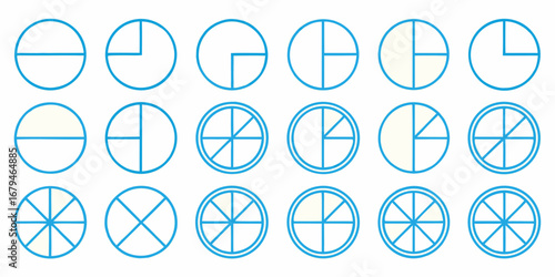 Collection of blue circle segments and pie chart slices representing fractions and data