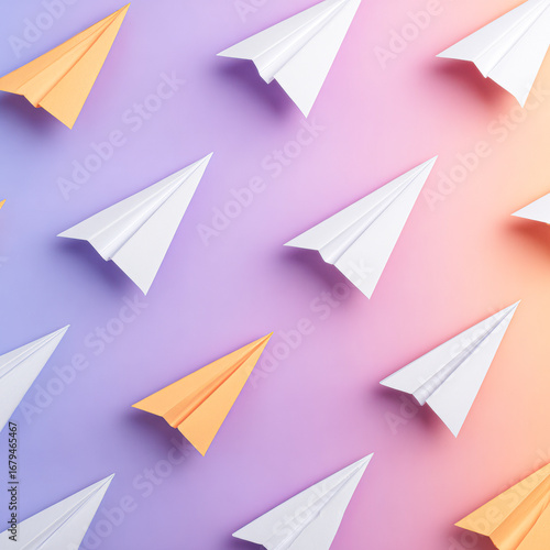 Free Download Colorful paper airplanes arranged against a gradient background, creating a playful and dynamic visual effect. - GFXLoad