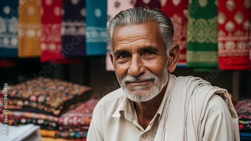 Authentic Portrait of an Elderly Indian Man With Gray Hair And White Shirt in Traditional Market Place With Colorful Textile Background