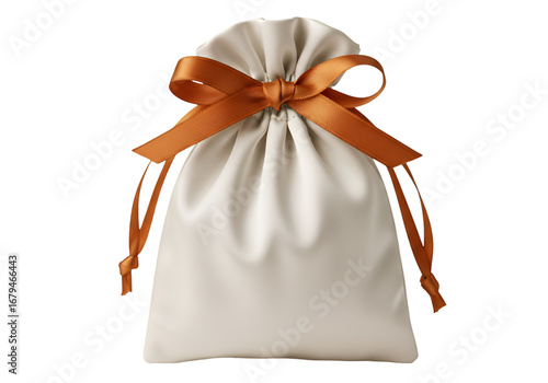 Elegant beige drawstring pouch with brown ribbon isolated on transparent background