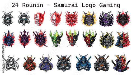 Japanese samurai warrior mascot e-sport logo design set for a gaming team emblem collection