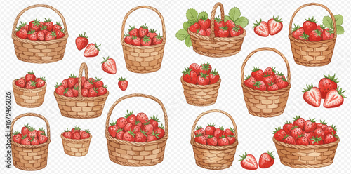 A charming watercolor collection of wicker baskets brimming with ripe red strawberries, both whole and sliced.