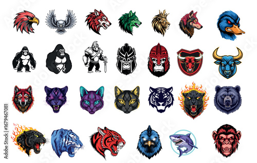 Collection of fierce animal mascots for a gaming e-sport team logo or emblem set