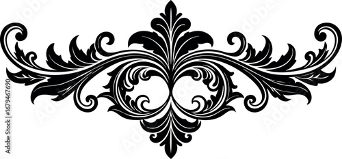 Vector art of symmetrical black floral ornament with swirling leaves and curls