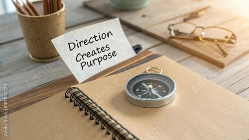 Direction Creates Purpose with Compass and Notepad on Wooden Table
