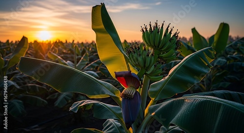 Banana Plantation Sunset Landscape.