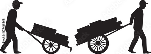 Two men pushing carts loaded with lumber silhouette isolated on white background