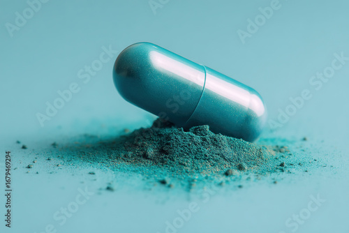 Close-up of a blue capsule resting on a small pile of blue powder on a matching backdrop, promoting health or supplements.
