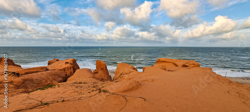 The rock formations at Canoa Quebrada Beach at Canoa Quebrada, state of Ceara, Brazil