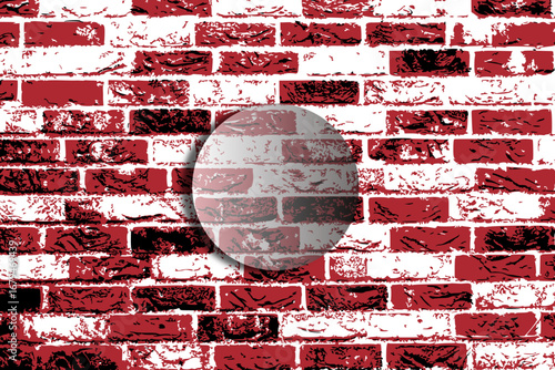 Red and white brick wall pattern with a circular glass magnifying effect in the center. The bricks