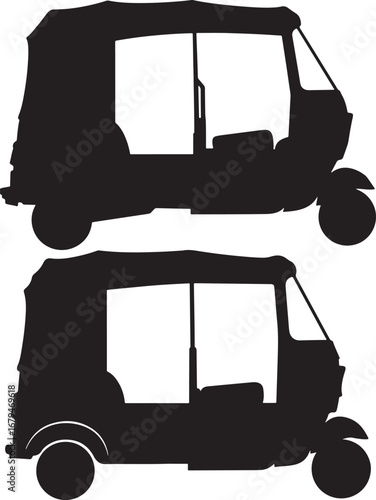 Two tuk tuk auto rickshaw vehicles in black silhouette isolated on white background