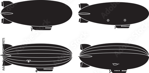 Four distinct black blimp airship silhouettes isolated on white background