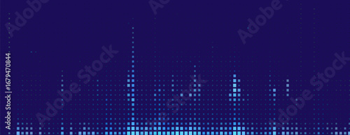 Abstract halftone dotted digital technology background with futuristic night city and neon light effect. Cyberpunk and retrowave design for technology, hi-tech and science concept. Vector illustration