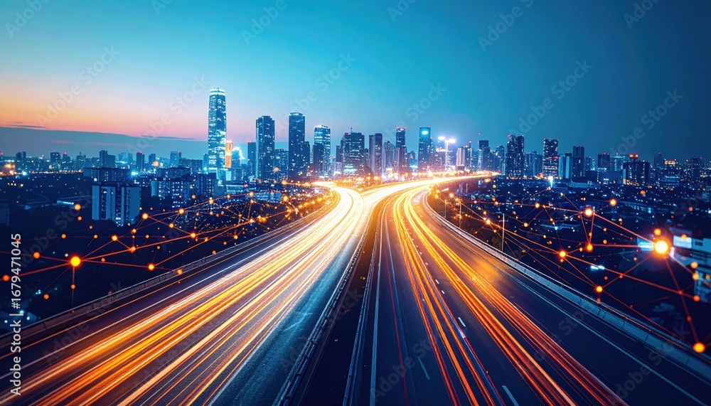 Fototapeta premium A vibrant city skyline at dusk, featuring illuminated buildings and light trails from moving vehicles, showcasing a dynamic urban environment.