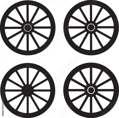 Four antique wagon wheel silhouettes isolated on white background