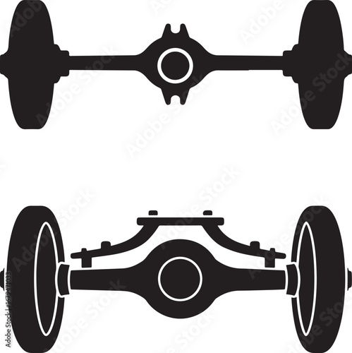 Two black car axle silhouettes with wheels isolated on white background silhouette