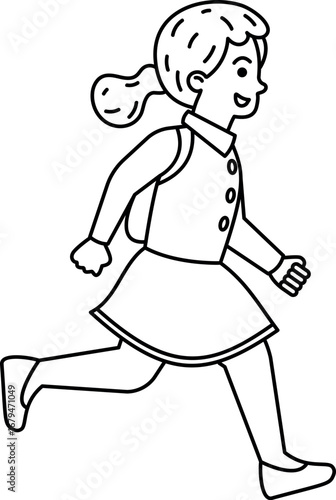 Girl student rushing school black-and-white