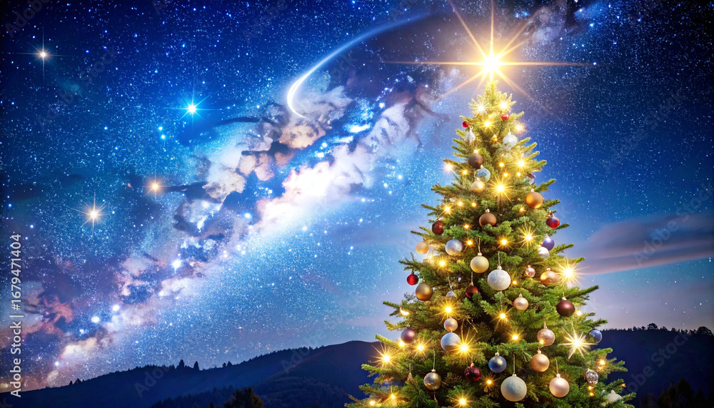 Fototapeta premium Magical Christmas Tree with Bright Star Under Dazzling Cosmic Night Sky and Milky Way