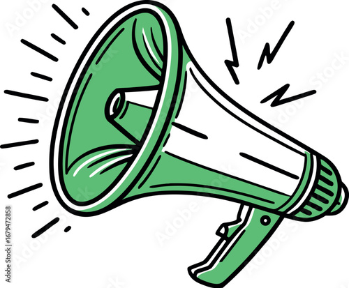 Vector art of green megaphone with sound waves and lightning bolts