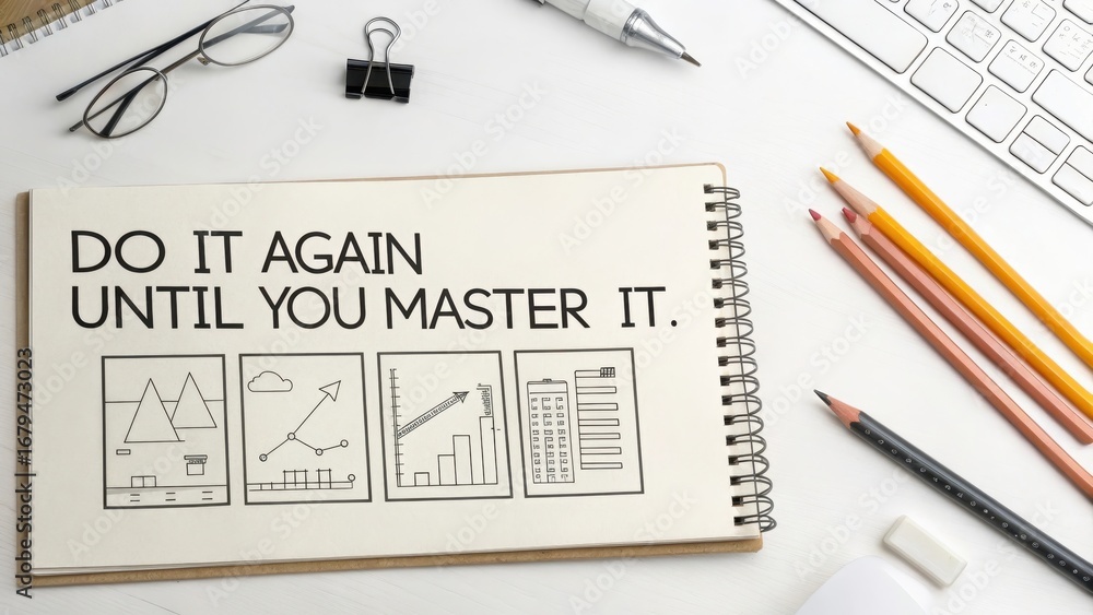 Fototapeta premium Inspiration to Master Skills with Handwritten Notes and Office Supplies