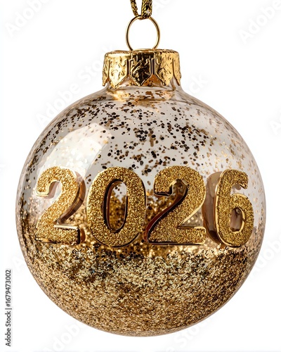 Gold Christmas tree ball with the inscription 2026 isolated on white background