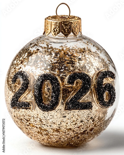 Gold Christmas tree ball with the inscription 2026 isolated on white background