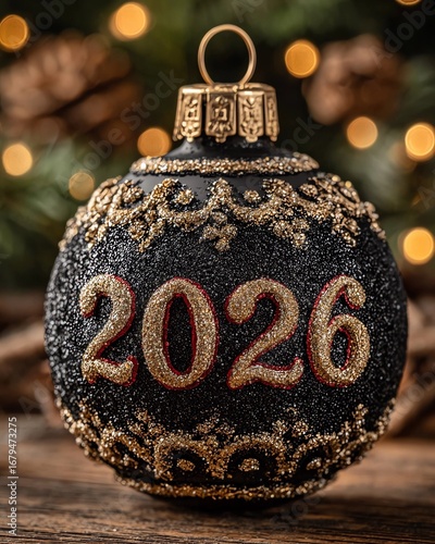 magine black Christmas Bauble with Sparkling 2026. Glamorous Holiday Ornament in Black and Gold. New Year 2026 Festive Black Ball. Luxurious Black Xmas Ornament on Tree