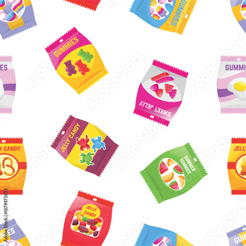 Plastic packs of jelly candies. Vending machines goods, sweet juicy snacks for adults and children. Different packaging of gummy, vector background