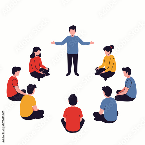 A vibrant illustration shows diverse people seated in a circle on the floor, actively listening to a standing leader, symbolizing collaborative learning, open communication, and community support.