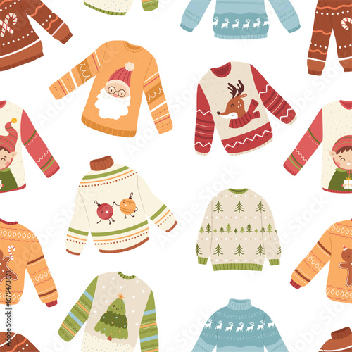 Winter warm knitted sweaters seamless pattern. Christmas sweater design with santa elf deer xmas tree. Holidays print template, vector background