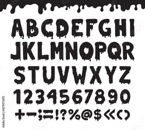 Black liquid ink letters. Letters numbers punctuation marks flows and drips. Isolated decorative abc for design, posters, halloween cards, neoteric vector set