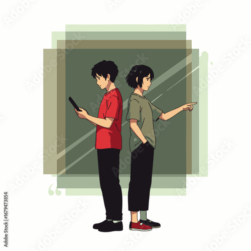 Two individuals stand back-to-back, one focused on a phone, the other pointing, illustrating modern communication challenges and divergent life paths.