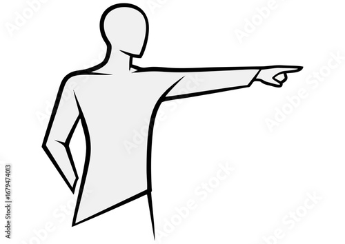 Pointing character illustration, alert mood, indicating direction, white background with copy space