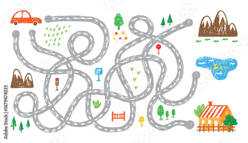 Maze game with car. Children play with hand drawn crayon house lake mountain nature elements. Kids playful landscape, neoteric vector template