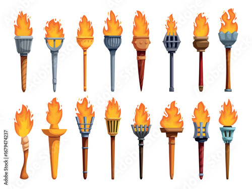 Cartoon torch game assets. Medieval wooden metal stone sticks with burning flames. Ancient design torchlights with fire, sapid vector icons