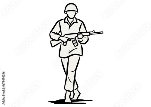 Soldier marching confidently with rifle on white background with copy space
