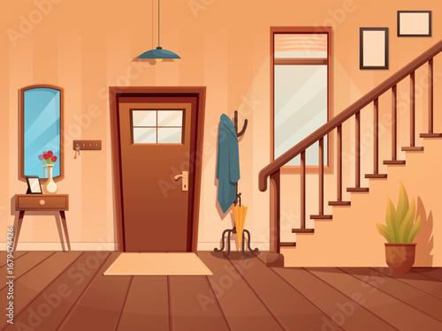 Cartoon hallway interior. House or apartment entrance, hall with wooden door, clothes hanger, mirror and stairway. Cozy space sapid vector scene