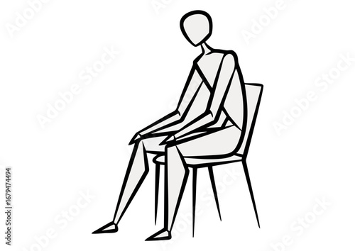 Person sitting thoughtfully on chair in minimalist style on white background with copy space