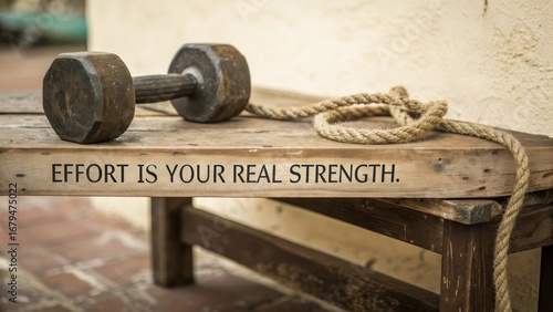 Inspirational Quote on a Wooden Bench with Dumbbell and Rope
