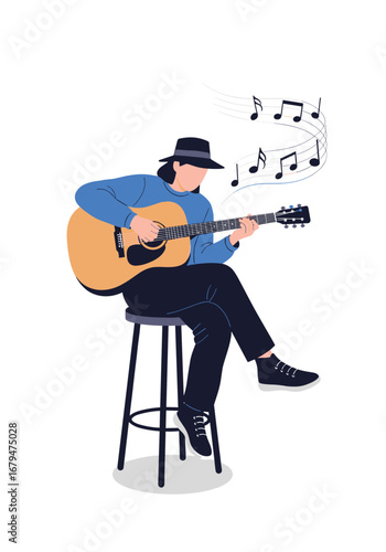 Musician serenading an audience with beautiful guitar melodies and notes floating in the air