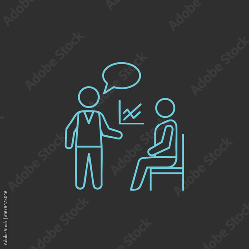 Professional consultation scene with a speaker presenting data analysis to a seated listener in a modern office setting