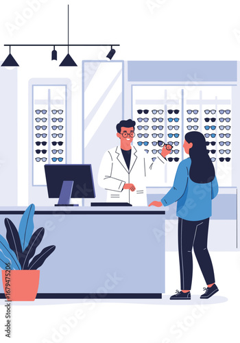 Optometrist helping customer select eyeglasses at optical store counter