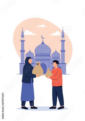 Generosity during ramadan helping the needy in front of a mosque