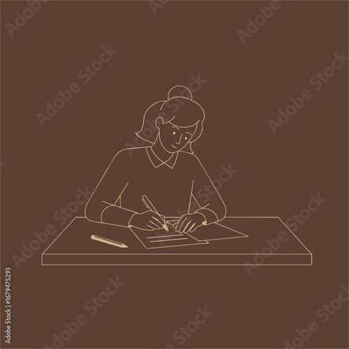 A woman focused on writing notes at a desk, with a pencil in hand, surrounded by a calm, minimalist environment
