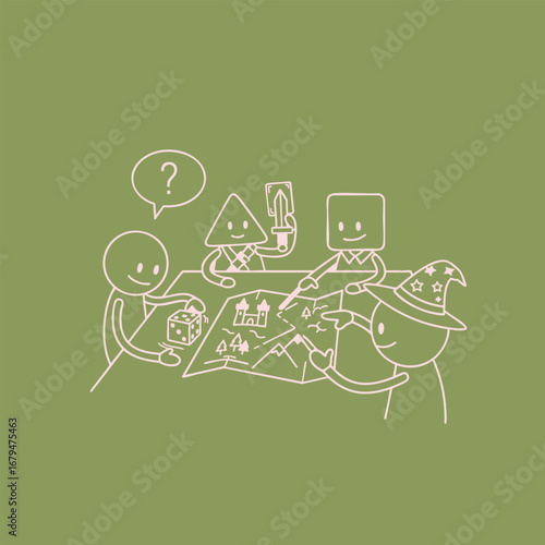 A group of four cartoon characters engaged in a board game, discussing strategies and rolling dice on a green background